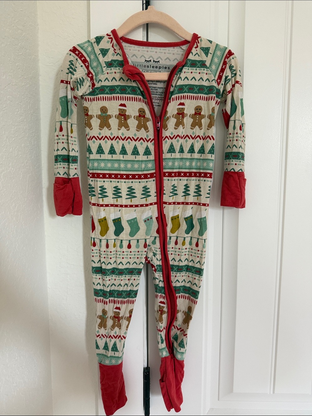 Little Sleepies Cream Holiday Gingerbread Footed One-Piece with Red Trim